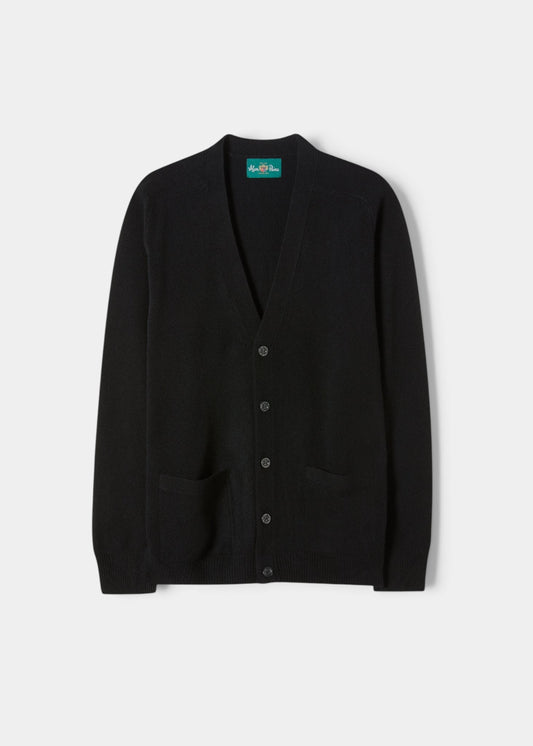 Alan Paine black lambswool cardigan with a V-neck, five-button front, and two jetted pockets in a classic fit.
