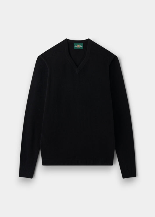 Alan Paine black V-neck jumper in soft lambswool with a classic fit, saddle shoulders, and ribbed cuffs and hem.