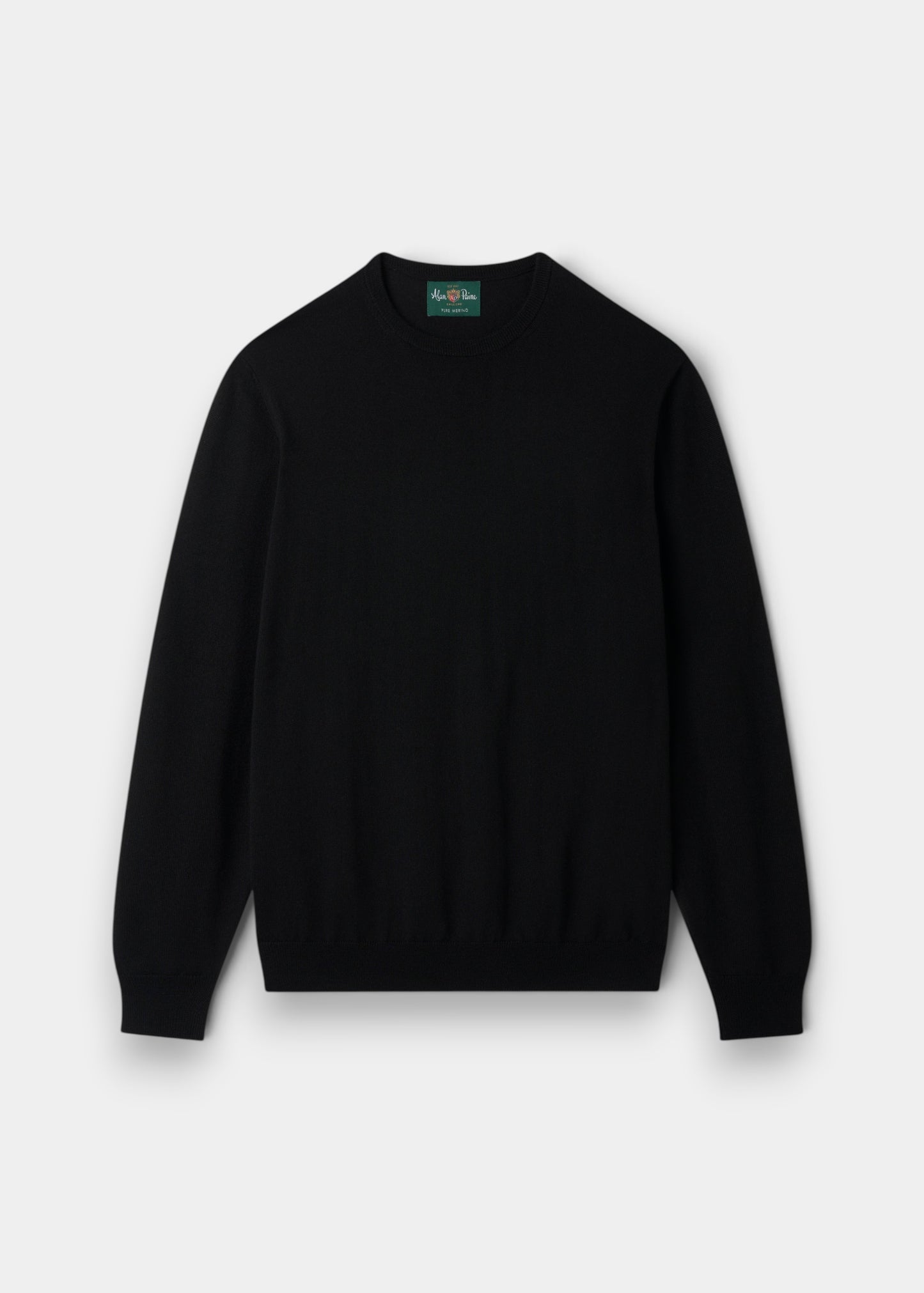 Alan Paine Radstone men's black crew neck jumper in soft 100% Italian merino wool with ribbed hem and cuffs.