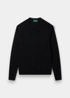Alan Paine black V-neck jumper in fine Italian merino wool with ribbed hem and cuffs in a regular fit.