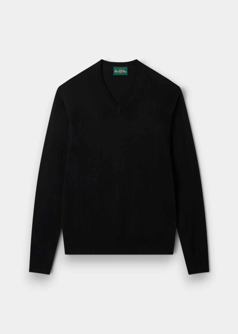 Alan Paine black V-neck jumper in fine Italian merino wool with ribbed hem and cuffs in a regular fit.