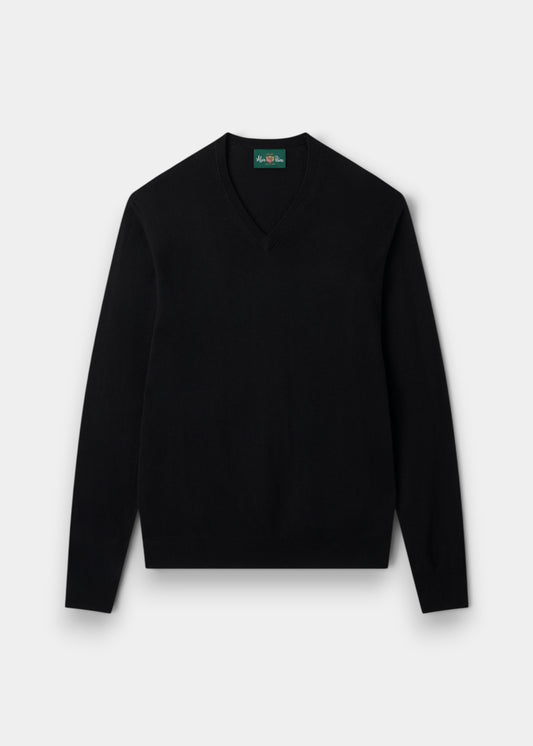 Millbreck Merino Wool V-Neck Jumper In Black - Regular Fit