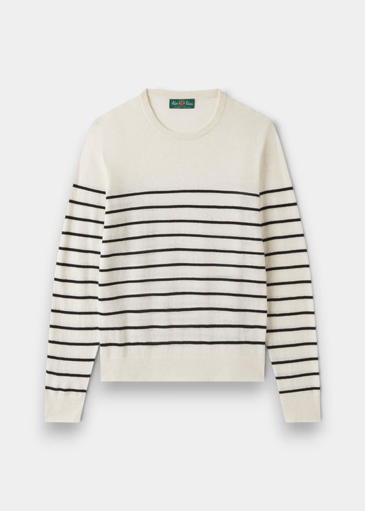Alan Paine Lois ladies blonde cotton cashmere crew neck sweater with black horizontal stripes