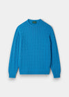 Alan Paine Honley blue lagoon cable knit crew neck jumper made from a soft Pima cotton and cashmere blend.