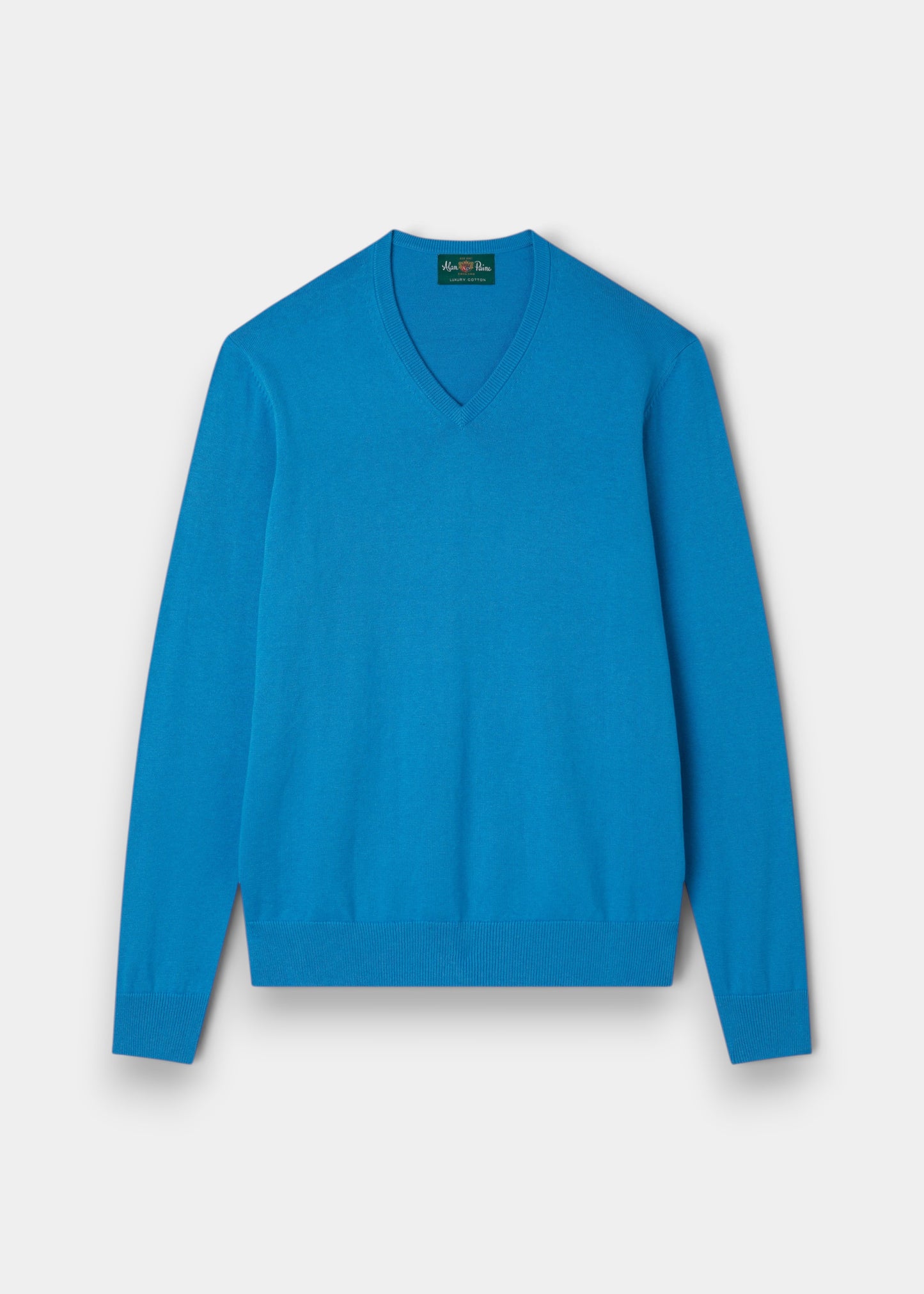 Alan Paine Rothwell blue lagoon v-neck jumper in a soft pima cotton and cashmere blend with ribbed hem and cuffs.