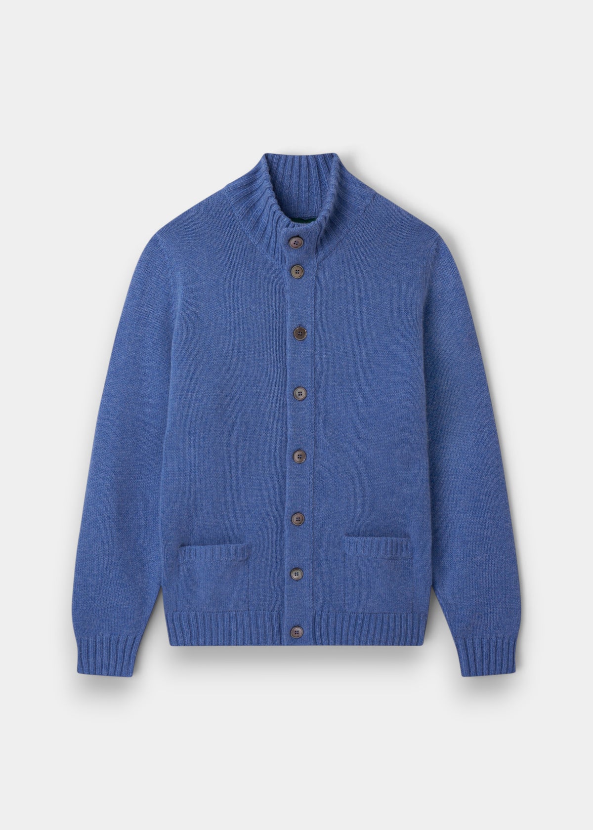 Landford Lambswool Buttoned Mock Neck Jumper in Blue Velvet, regular fit, laid flat on a white background.