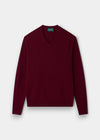 Alan Paine Hampshire classic fit V-neck jumper in bordeaux lambswool with saddle shoulder and ribbed hem