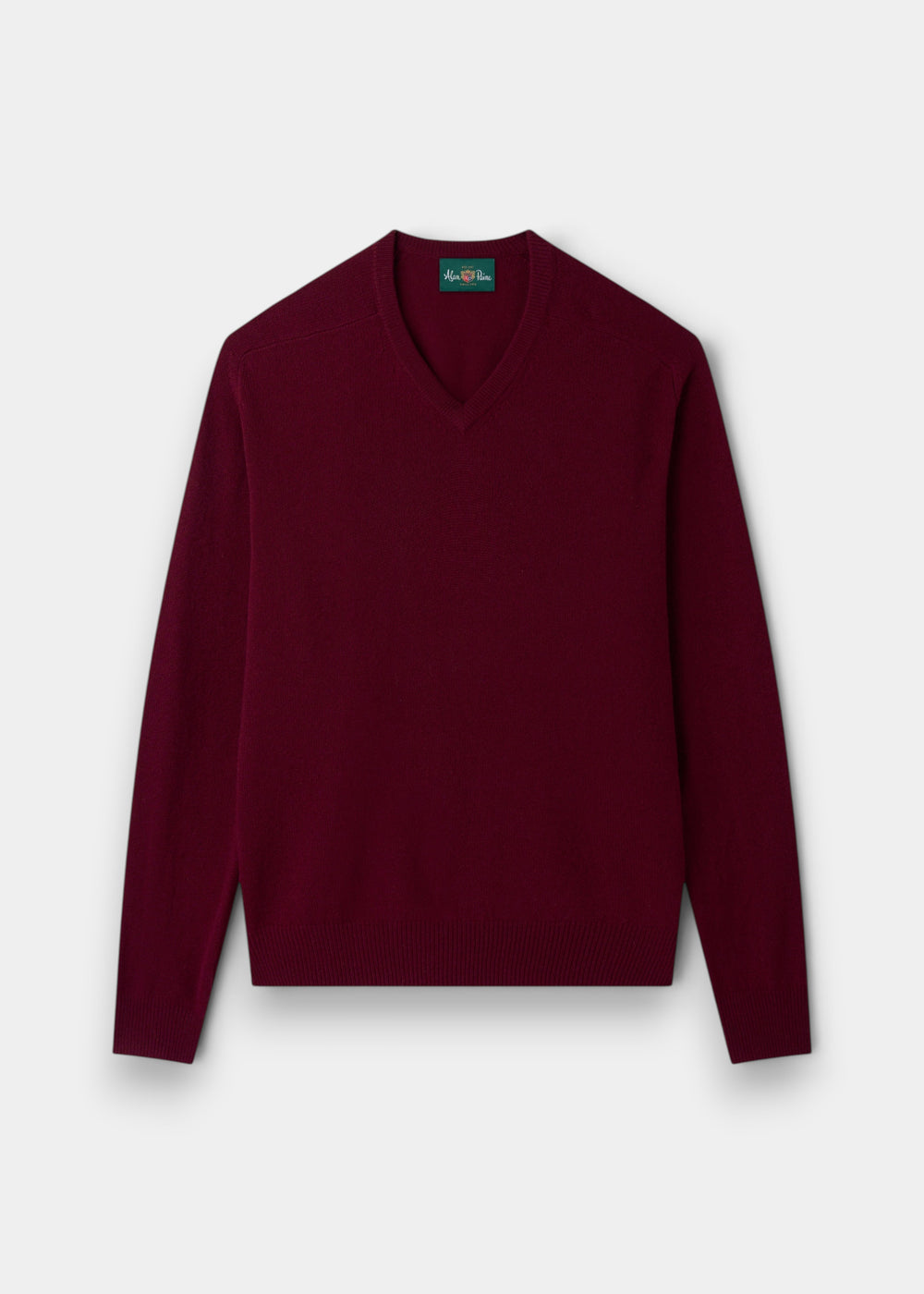 Alan Paine Hampshire classic fit V-neck jumper in bordeaux lambswool with saddle shoulder and ribbed hem