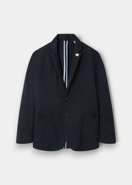 Alan Paine Bridgeford men's navy blue cotton summer blazer with two-button closure and striped interior lining.