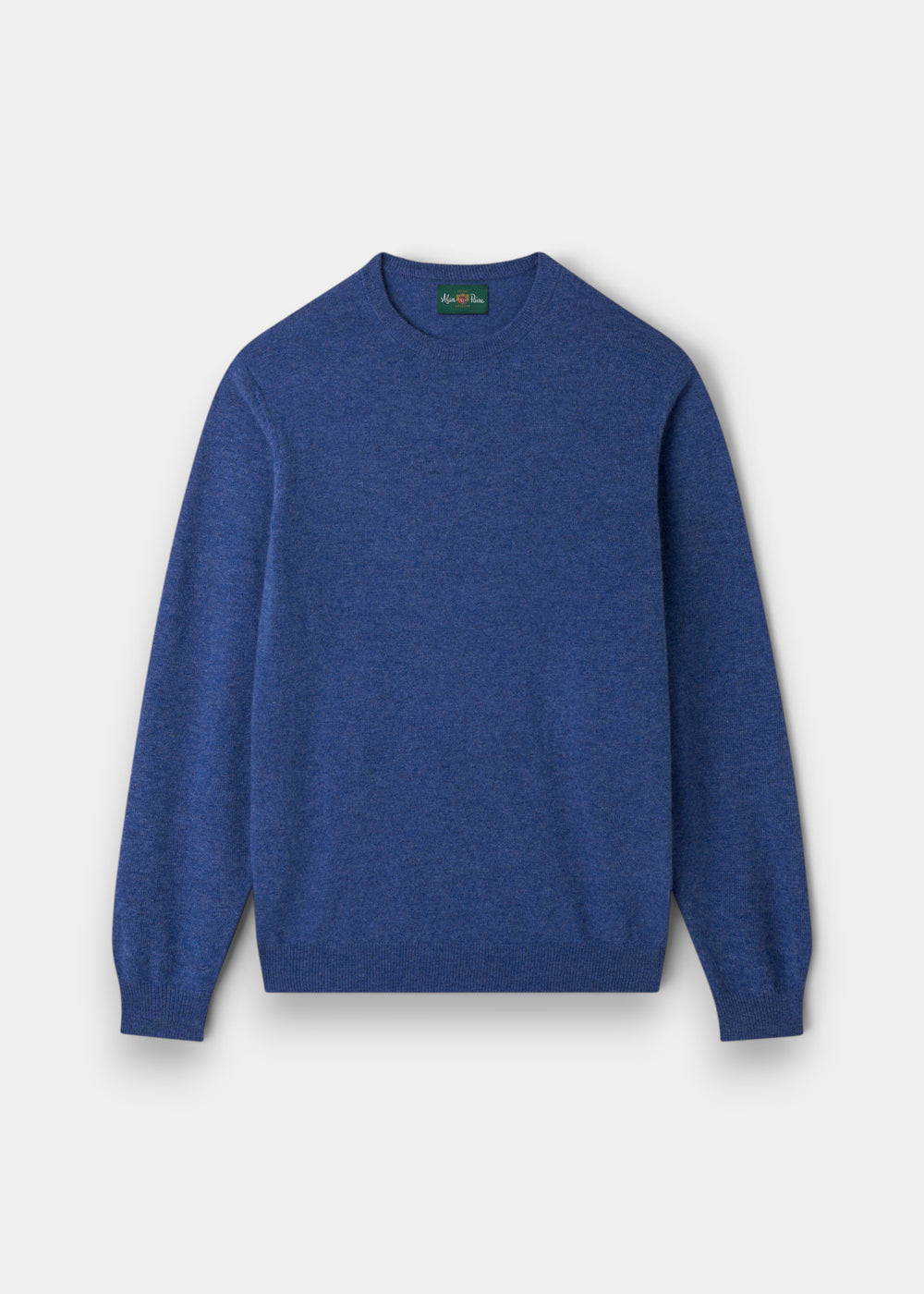 Alan Paine Brisbane crew neck jumper in blue Geelong wool with a regular fit, ribbed cuffs, and a ribbed hem.