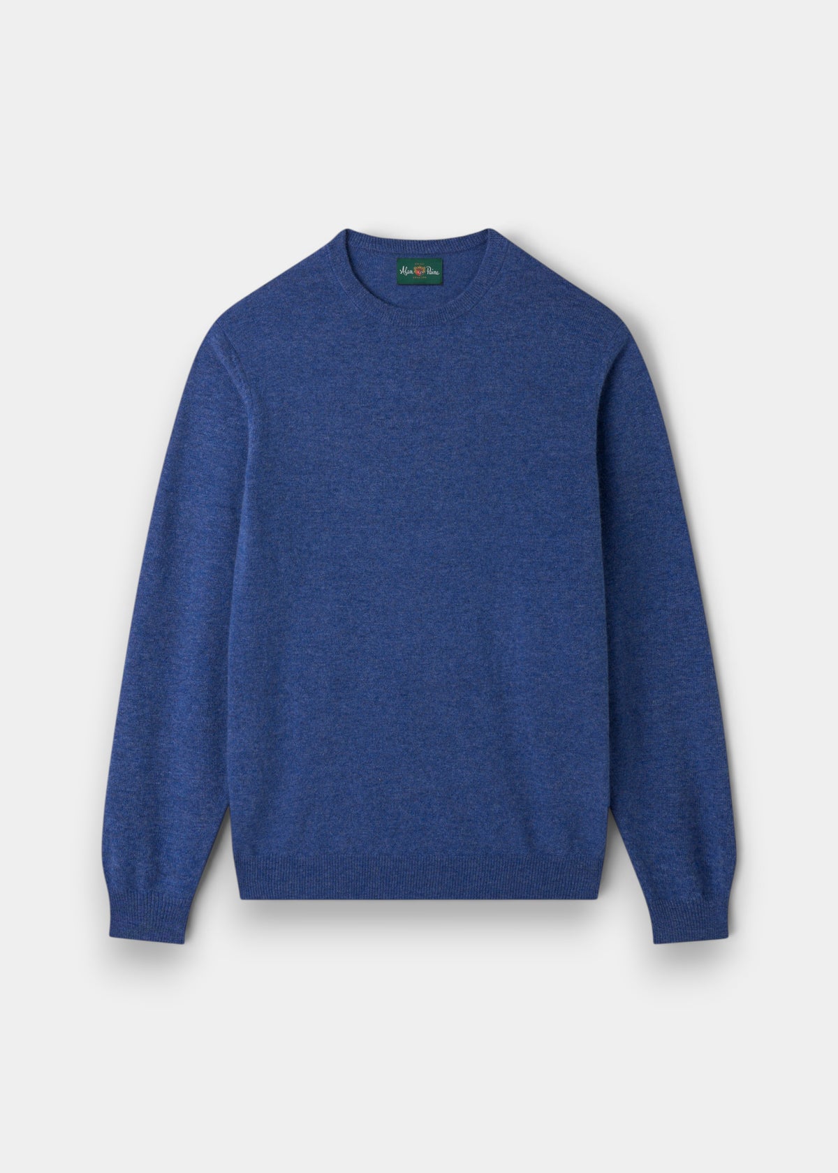 Alan Paine Brisbane crew neck jumper in blue Geelong wool with a regular fit, ribbed cuffs, and a ribbed hem.