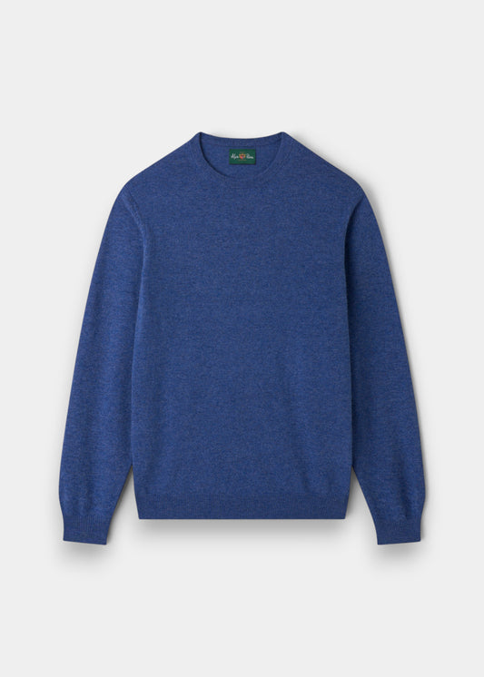 Alan Paine Brisbane crew neck jumper in blue Geelong wool with a regular fit, ribbed cuffs, and a ribbed hem.