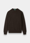 Alan Paine Brisbane crew neck jumper in cocoa brown, crafted from 100% Geelong lambswool with ribbed hem and cuffs.