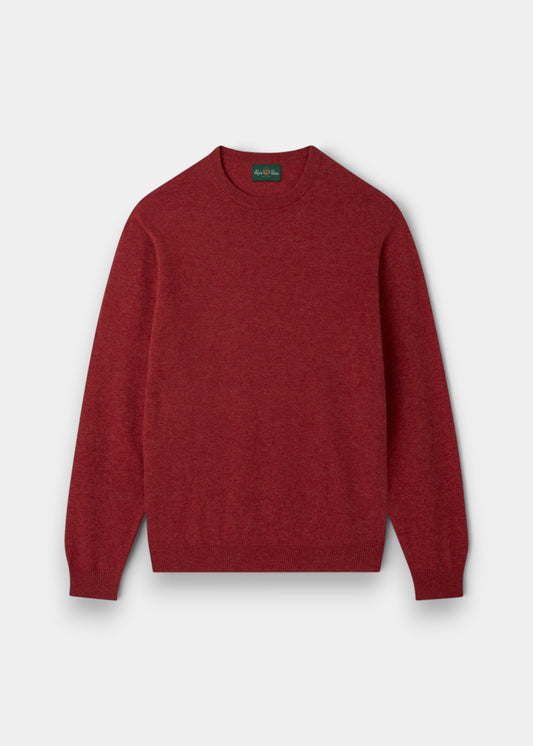 Alan Paine Brisbane crew neck jumper in poppy melange red 100% geelong wool with ribbed cuffs and hem