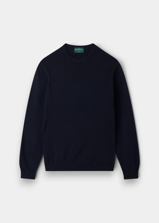 Alan Paine Brisbane crew neck jumper in dark navy Geelong lambswool with ribbed cuffs and hem.