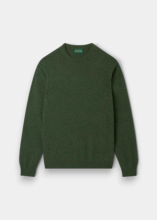 Alan Paine Brisbane rosemary green crew neck jumper in pure Geelong lambswool with ribbed cuffs and hem.