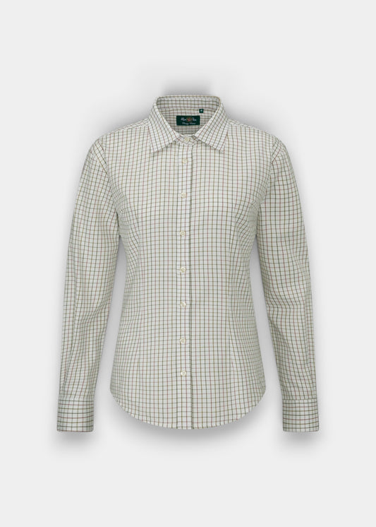Alan Paine Bromford ladies long-length cotton shirt in olive check pattern with a classic collar and button front