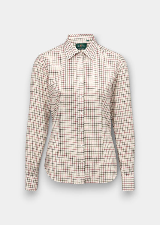 Alan Paine Bromford ladies long-length cotton shirt in a red and black check pattern with a classic collar.