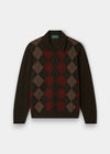 Alan Paine Buckton men's cocoa lambswool cardigan featuring a classic argyle pattern, button front, and ribbed trim.