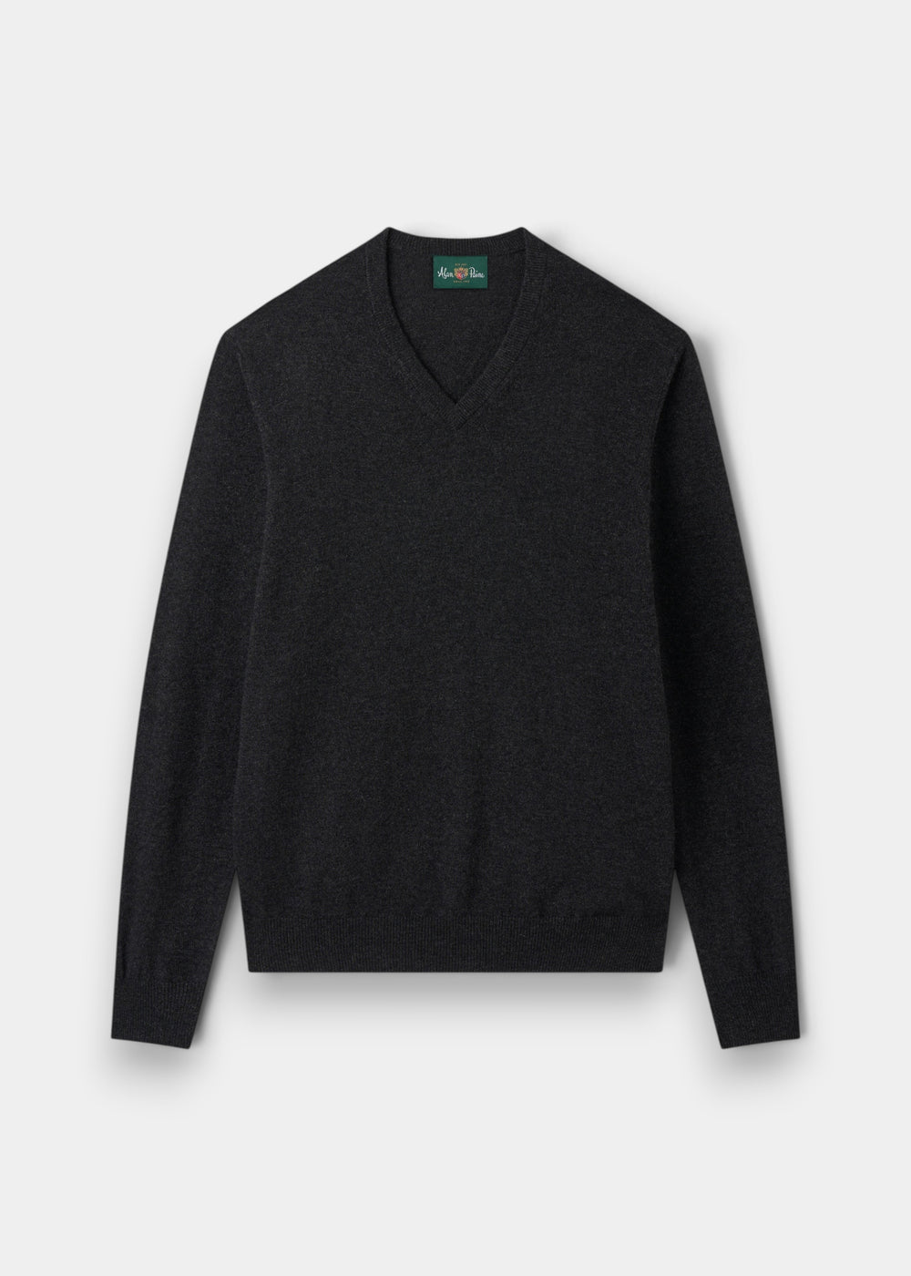 Alan Paine Haddington charcoal grey v-neck cashmere jumper with ribbed hem and cuffs in a regular fit