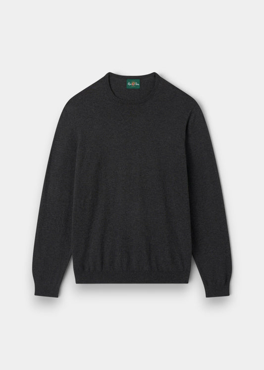 Alan Paine charcoal grey luxury crew neck jumper in a soft cotton, silk, and cashmere blend with ribbed hem and cuffs.