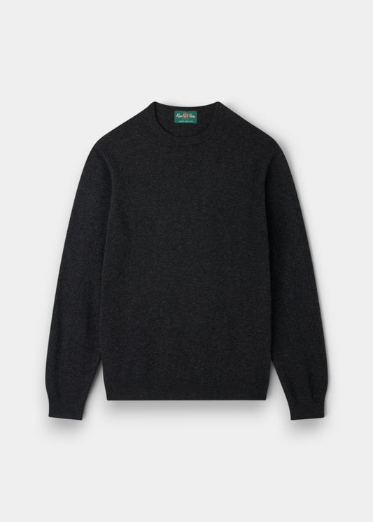 Alan Paine charcoal crew neck jumper in lightweight Geelong wool with ribbed hem and cuffs in a regular fit.