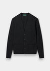 Alan Paine charcoal grey lambswool V-neck cardigan with five buttons, two jetted pockets, and ribbed hem and cuffs.