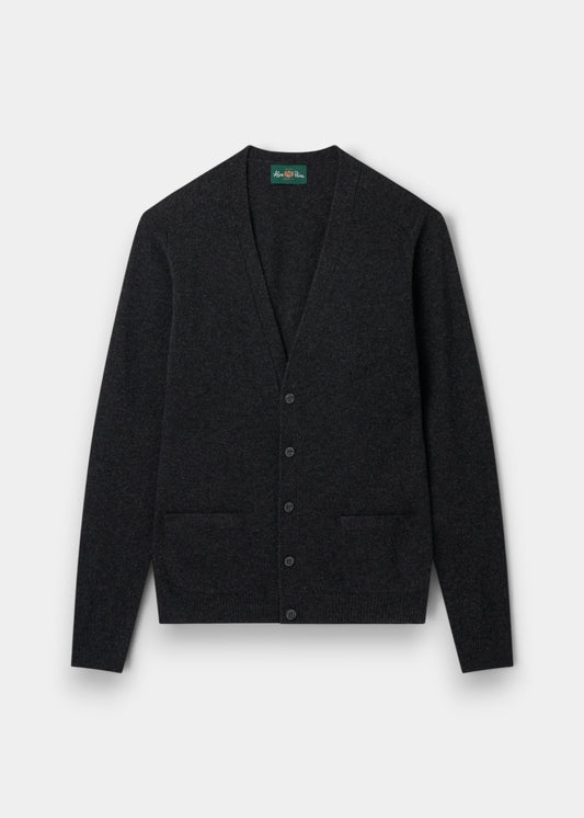 Alan Paine charcoal grey lambswool V-neck cardigan with five buttons, two jetted pockets, and ribbed hem and cuffs.
