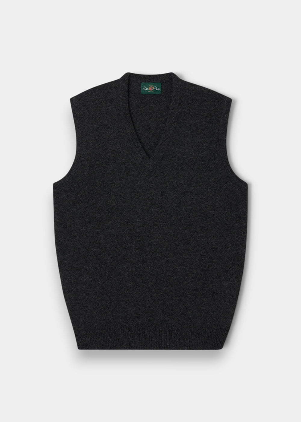 Alan Paine charcoal lambswool V-neck slipover with a classic fit, ribbed hem, and traditional saddle shoulder.