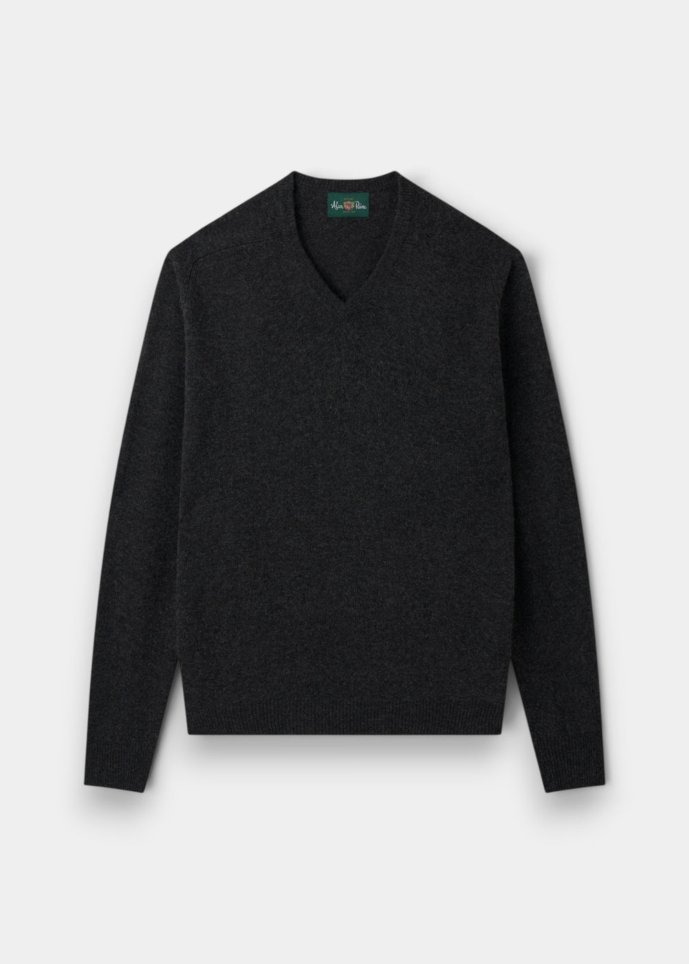 Alan Paine charcoal V-neck jumper in soft lambswool with a classic fit, saddle shoulders, and ribbed cuffs and hem.