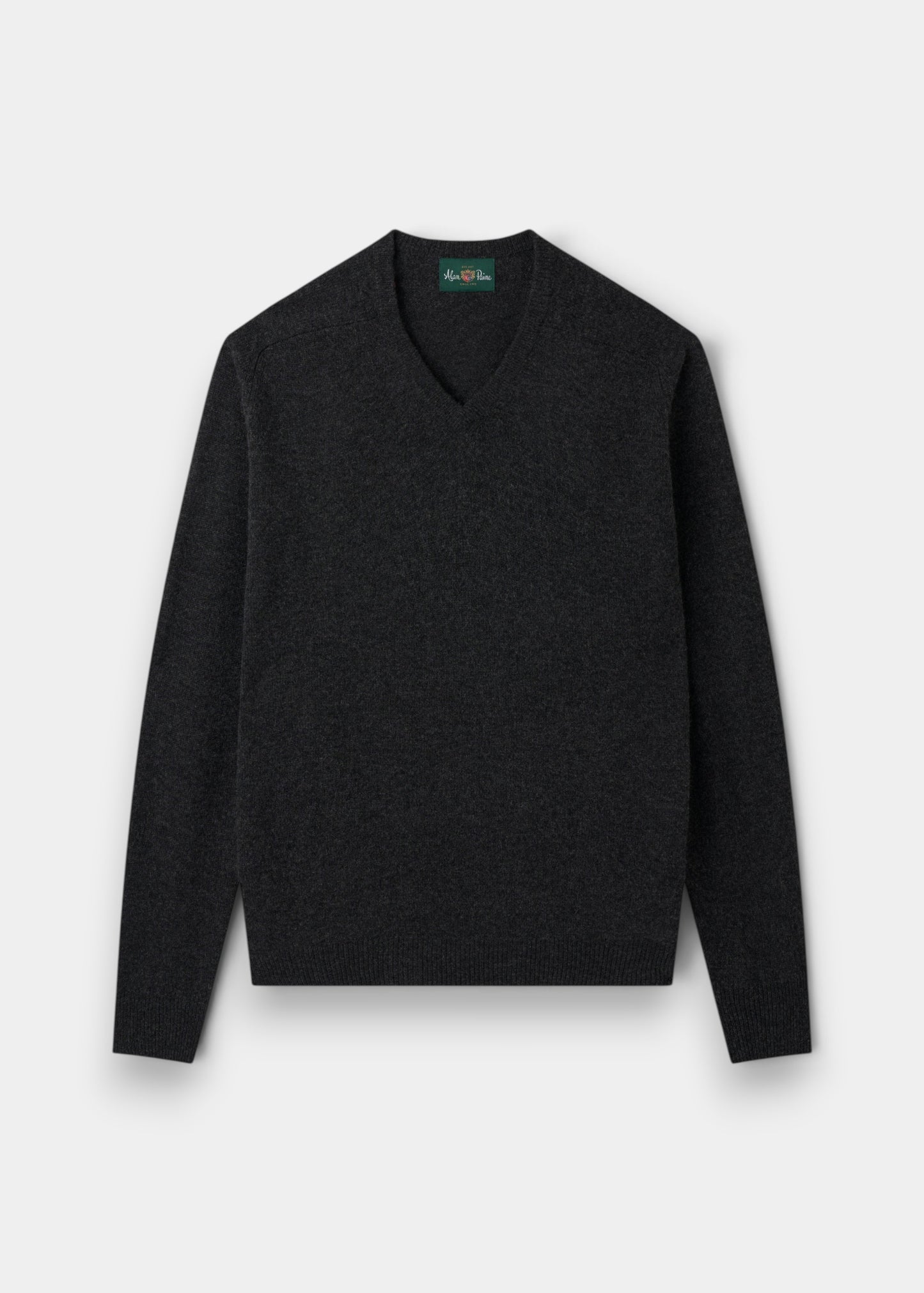 Alan Paine charcoal V-neck jumper in soft lambswool with a classic fit, saddle shoulders, and ribbed cuffs and hem.