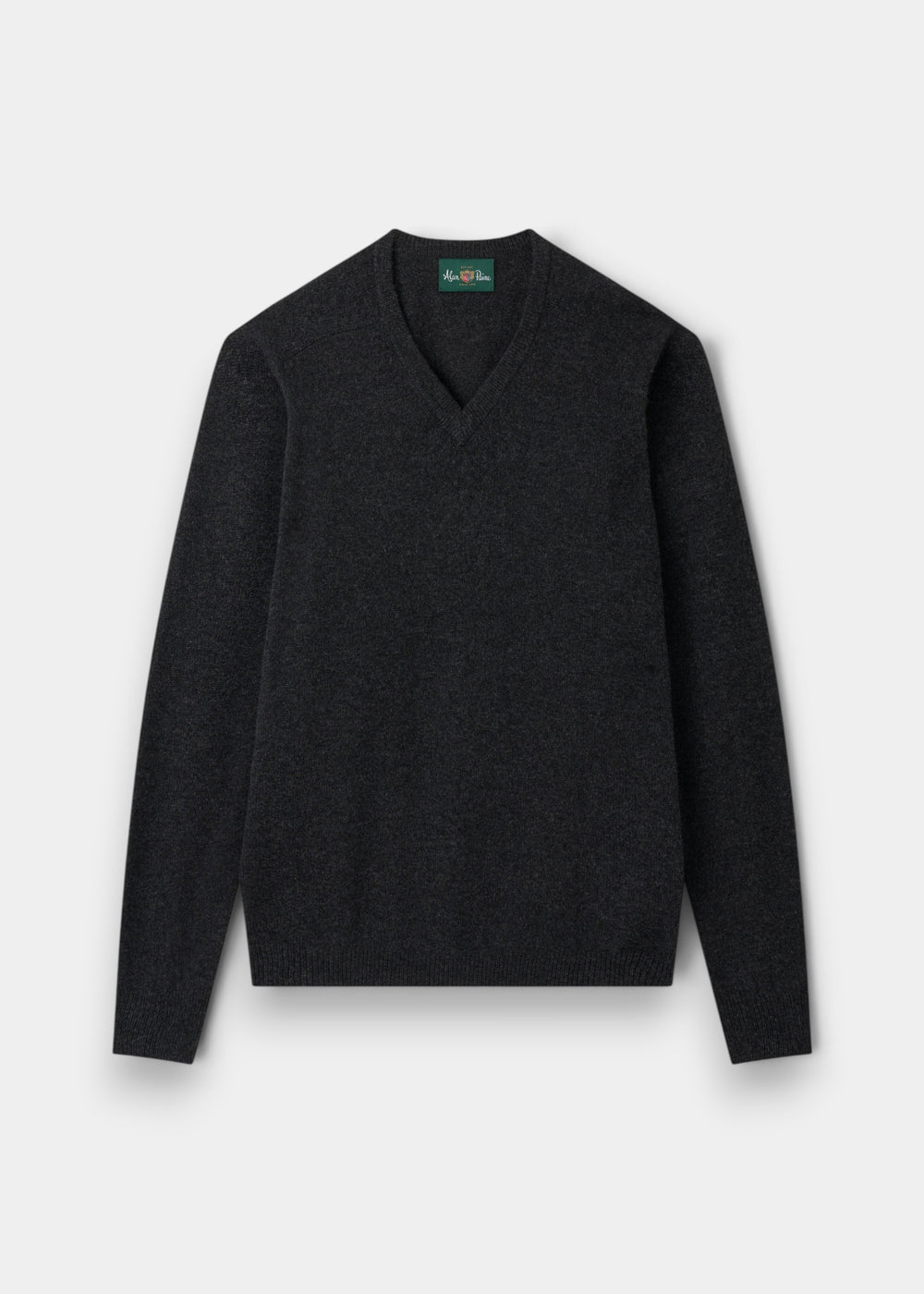 Alan Paine Kilsyth men's charcoal V-neck jumper in soft lambswool with ribbed cuffs and hem