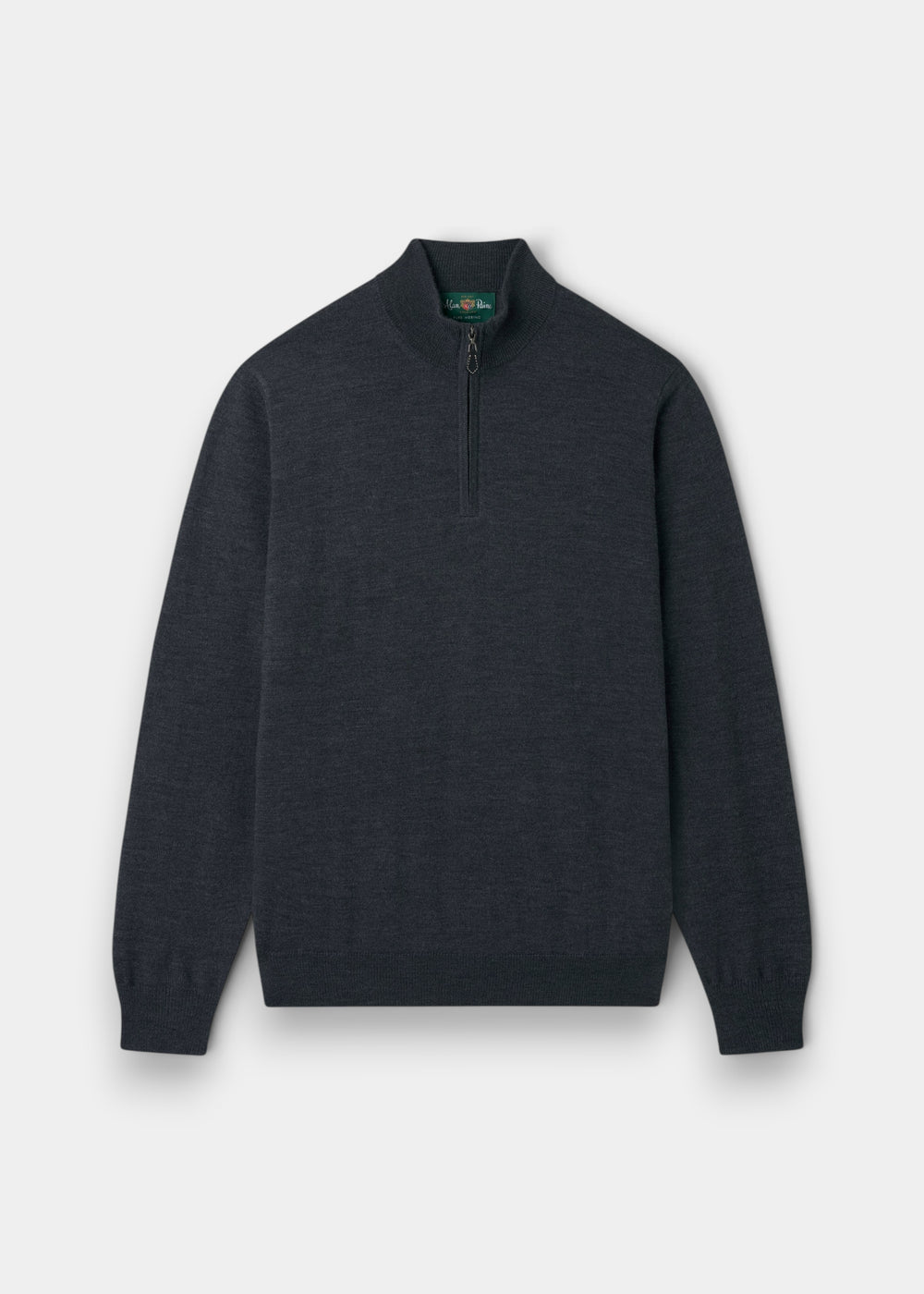 Alan Paine charcoal grey 1/4 zip mock neck jumper in fine Italian merino wool with ribbed cuffs and hem