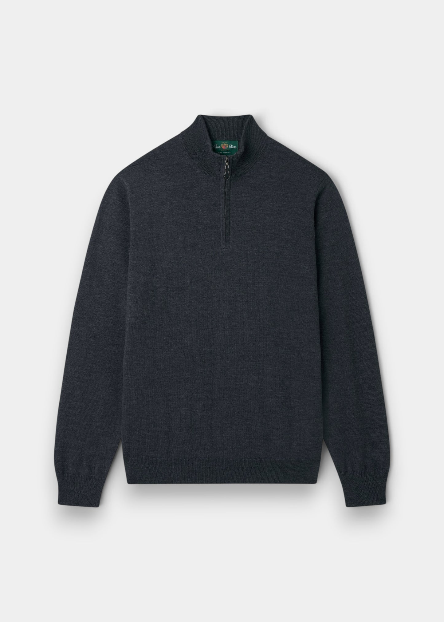 Alan Paine charcoal grey 1/4 zip mock neck jumper in fine Italian merino wool with ribbed cuffs and hem