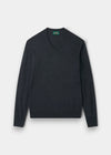 Alan Paine Millbreck charcoal v-neck jumper in 100% fine Italian merino wool with ribbed hem and cuffs.