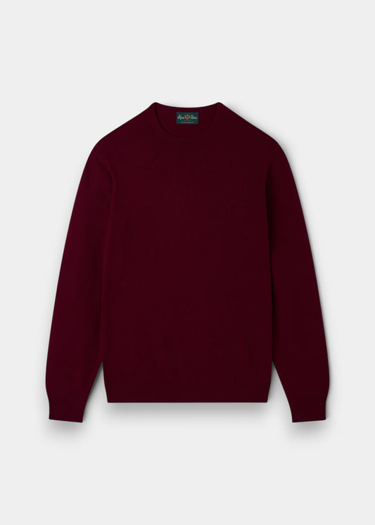 Alan Paine Brisbane claret crew neck jumper in 100% Geelong wool with ribbed cuffs and hem.