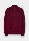 Alan Paine claret red Geelong wool 1/4 zip jumper with a mock neck, ribbed cuffs, and hem in a regular fit.