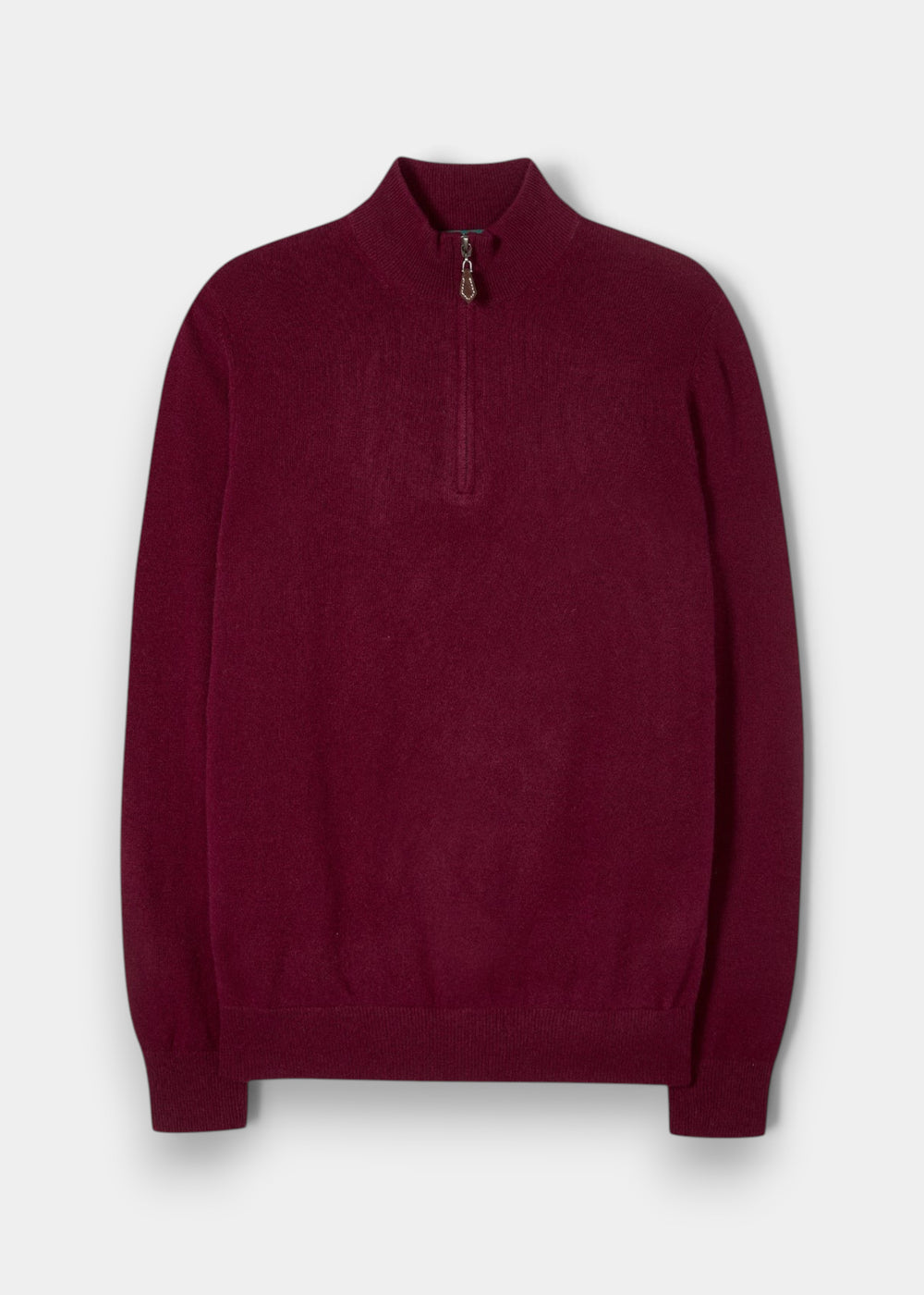 Alan Paine claret red Geelong wool 1/4 zip jumper with a mock neck, ribbed cuffs, and hem in a regular fit.