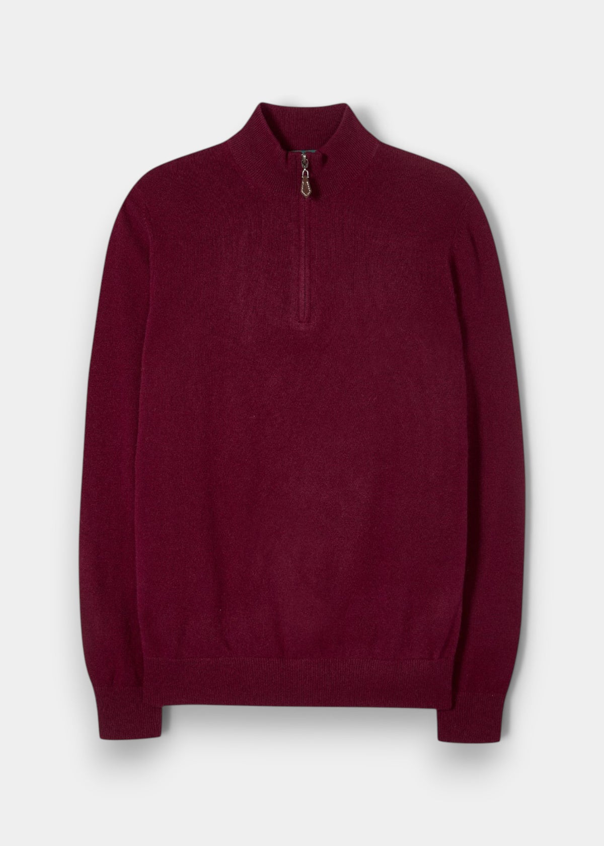 Alan Paine claret red Geelong wool 1/4 zip jumper with a mock neck, ribbed cuffs, and hem in a regular fit.