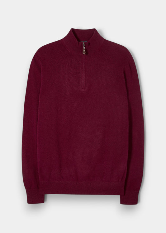 Alan Paine claret red Geelong wool 1/4 zip jumper with a mock neck, ribbed cuffs, and hem in a regular fit.