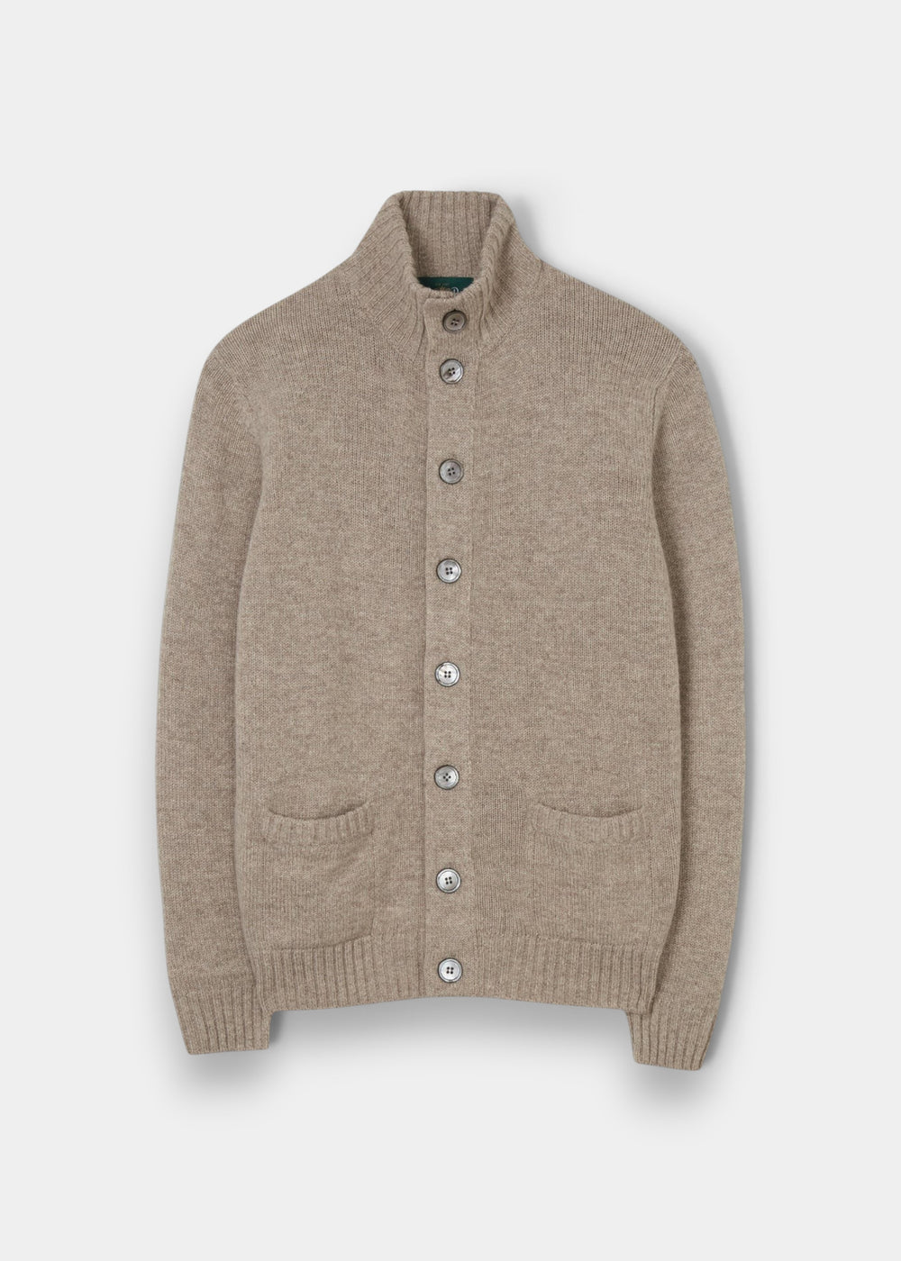 Landford Lambswool Buttoned Mock Neck Jumper in Cobble with ribbed cuffs, two pockets, and a high collar.