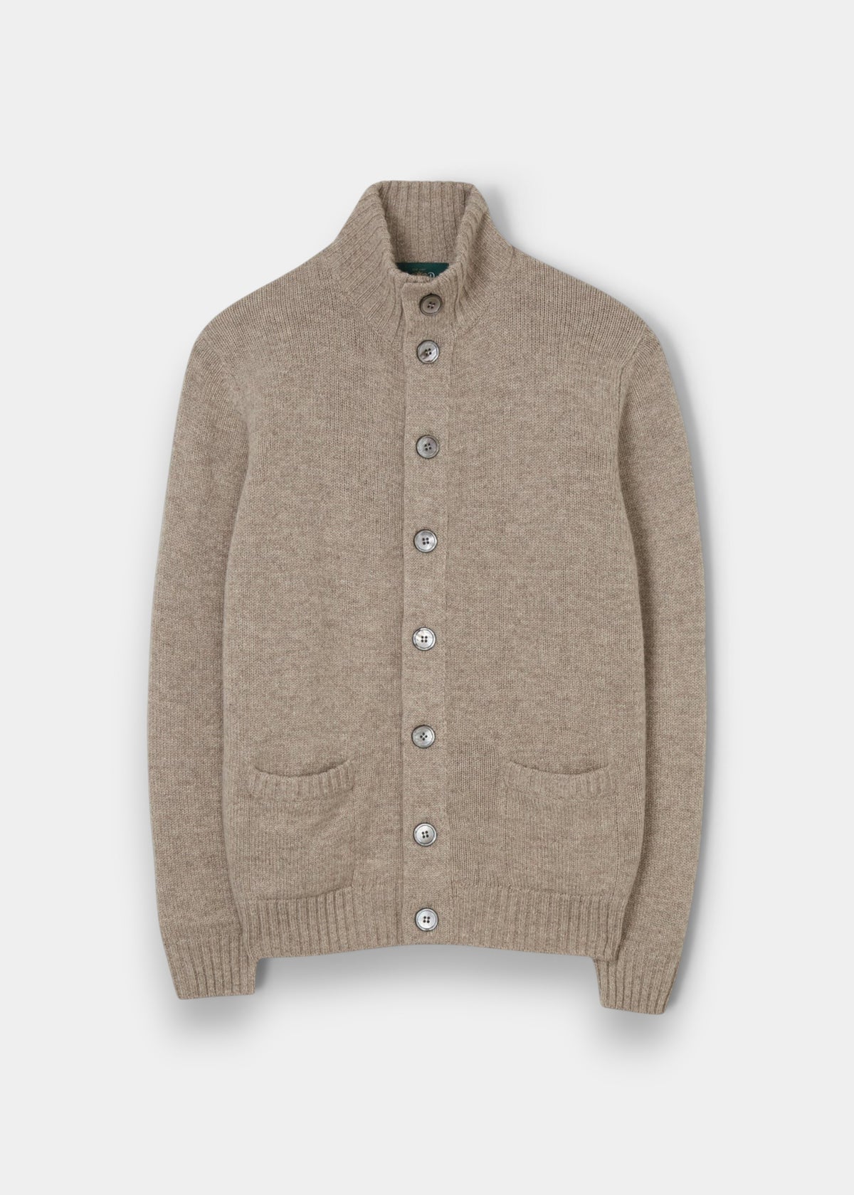 Landford Lambswool Buttoned Mock Neck Jumper in Cobble with ribbed cuffs, two pockets, and a high collar.