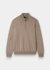 Alan Paine Barton regular fit cobble beige 1/4 zip mock neck jumper in fine Italian merino wool with ribbed cuffs.