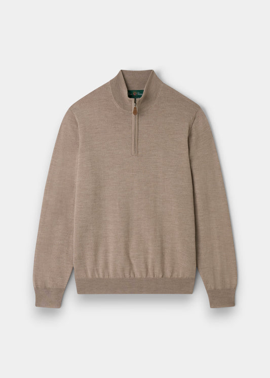 Alan Paine Barton regular fit cobble beige 1/4 zip mock neck jumper in fine Italian merino wool with ribbed cuffs.