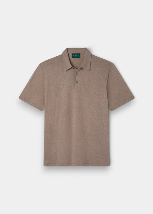 Alan Paine luxury coffee brown polo shirt in a soft Pima cotton, silk, and cashmere blend with a ribbed hem.