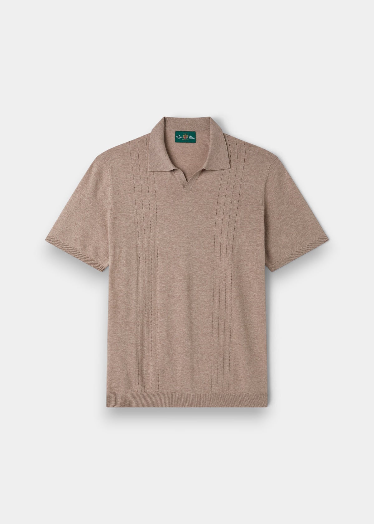 Alan Paine coffee brown short sleeve polo shirt in a wool, linen, and silk blend with an open collar design.