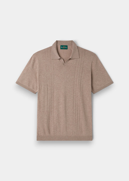 Alan Paine coffee brown short sleeve polo shirt in a wool, linen, and silk blend with an open collar design.