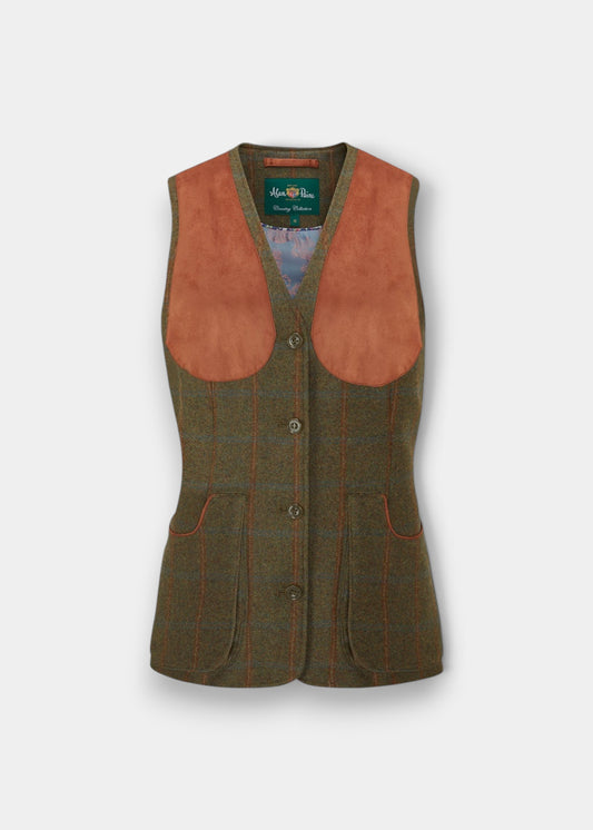 Alan Paine Combrook ladies willow green wool tweed shooting waistcoat with tan mock suede shoulder panels