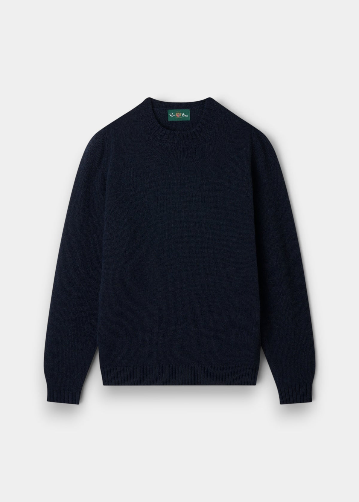 Kinnadie Supersoft Shetland Wool Crew Neck Jumper in Concord, regular fit, is laid flat on a white background.