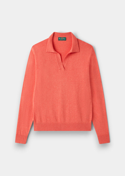 Alan Paine Uma coral cotton cashmere jumper with an open placket collar and long sleeves.